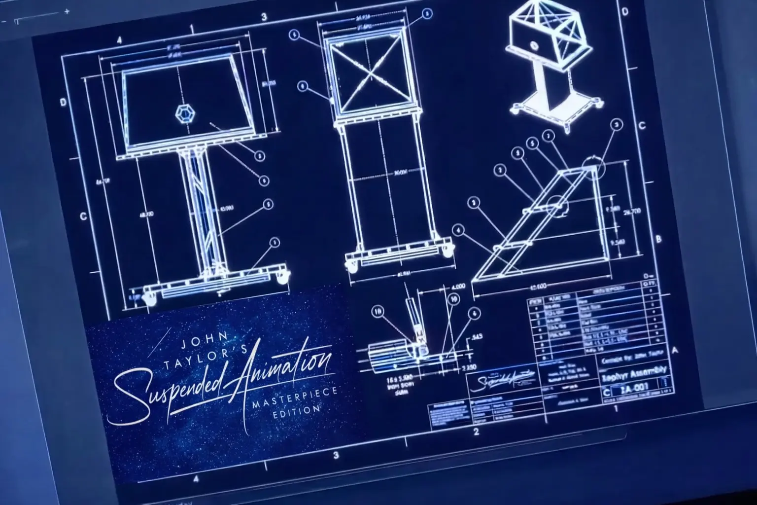 Blue illuminated design drawings for an original John Taylor stage illusion